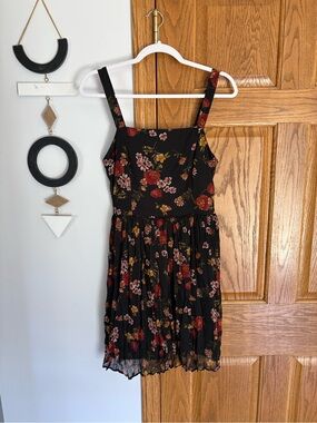 Xhilaration Black Floral Summer Dress with Pink, Burgundy and Orange Blooms